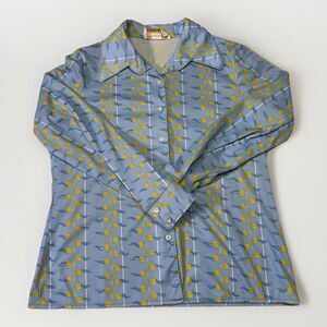 Vintage 70s Center Stage Tulip Print Button-Up Blouse Size M Sky Blue & Yellow